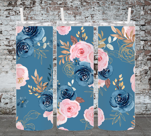 Blue Floral Beauty. Blue, Pink, and Gold Flowers With Accents 20 Ounce Sublimated Tumbler