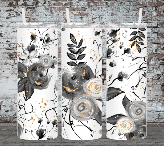Black, Gray, White, Gold Flowers 20 Ounce Sublimated Tumbler