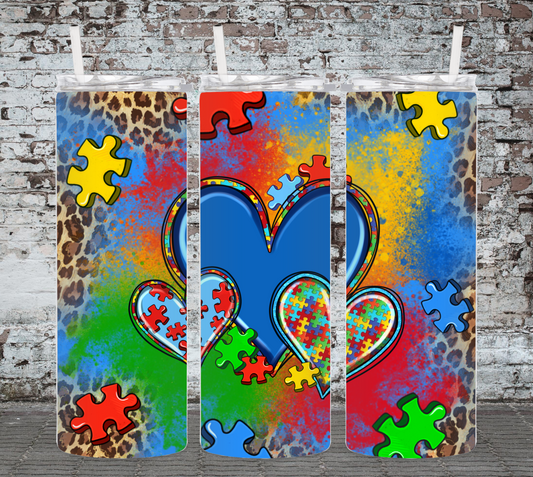 Autism 3 Heart Puzzle Piece Cheetah 20 Ounce Sublimated Tumbler