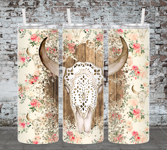 Floral Cow Skull Rustic 20 Ounce Sublimated Tumbler